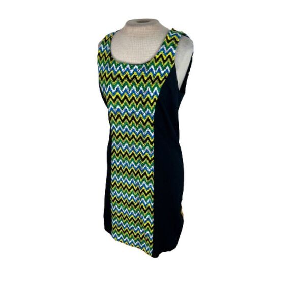 Kensie Chevron Stripe Color Block Sheath Mini Dress Green Blue Black M Medium - Picture 3 of 6